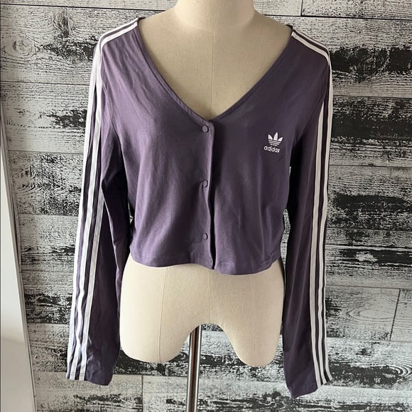 adidas Tops - NWT adidas Purple Cropped Snap front Track Top with White Stripes